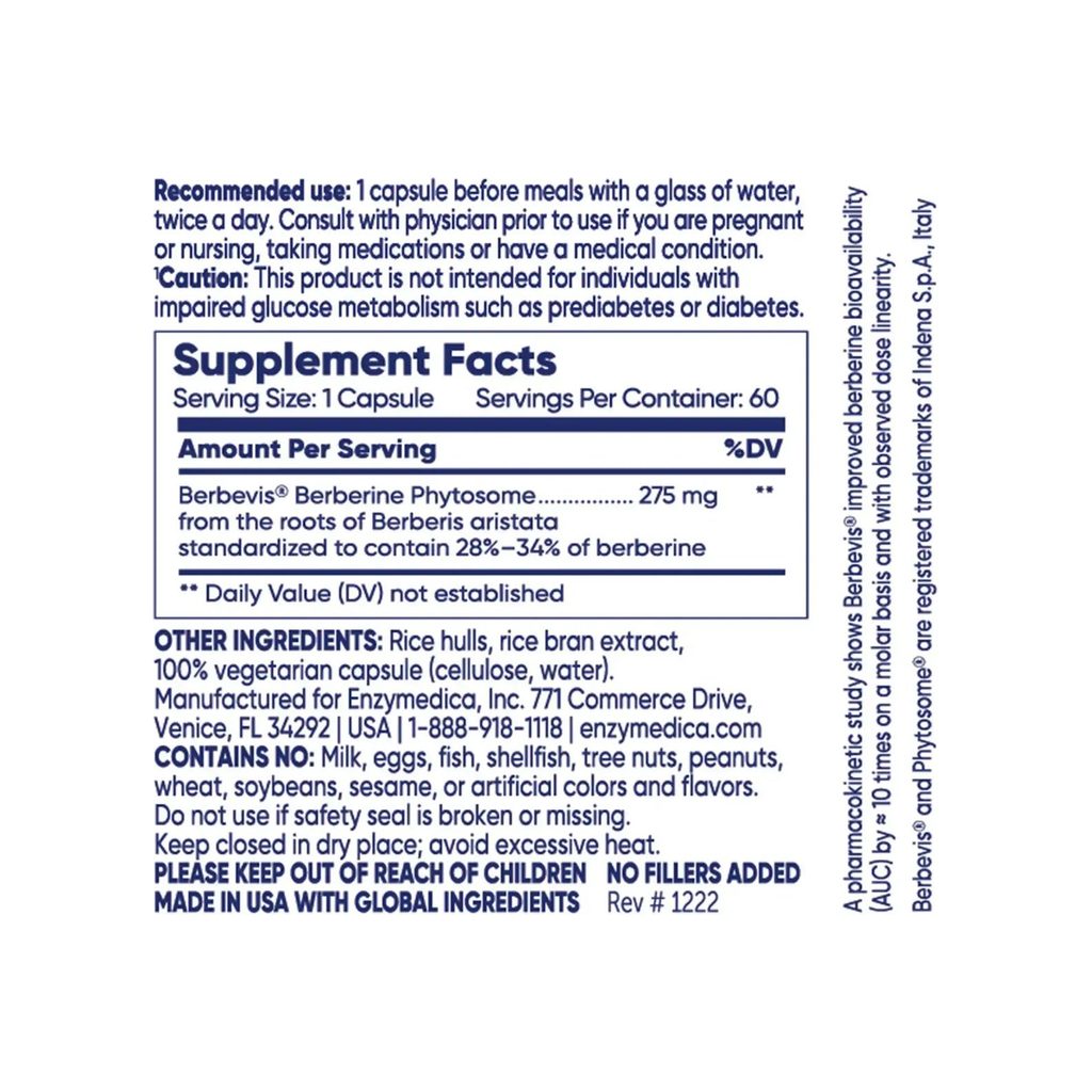 Enzymedica Berberine Phytosome supplement facts panel with recommended use and ingredients