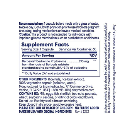 Enzymedica Berberine Phytosome supplement facts panel with recommended use and ingredients