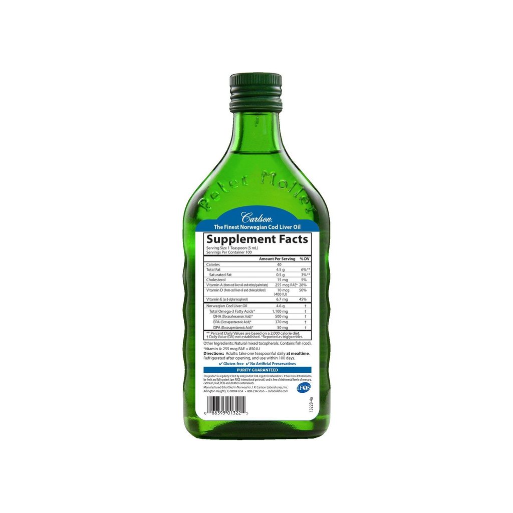 Carlson Norwegian Cod Liver Oil Unflavored supplement facts panel with ingredients and serving size