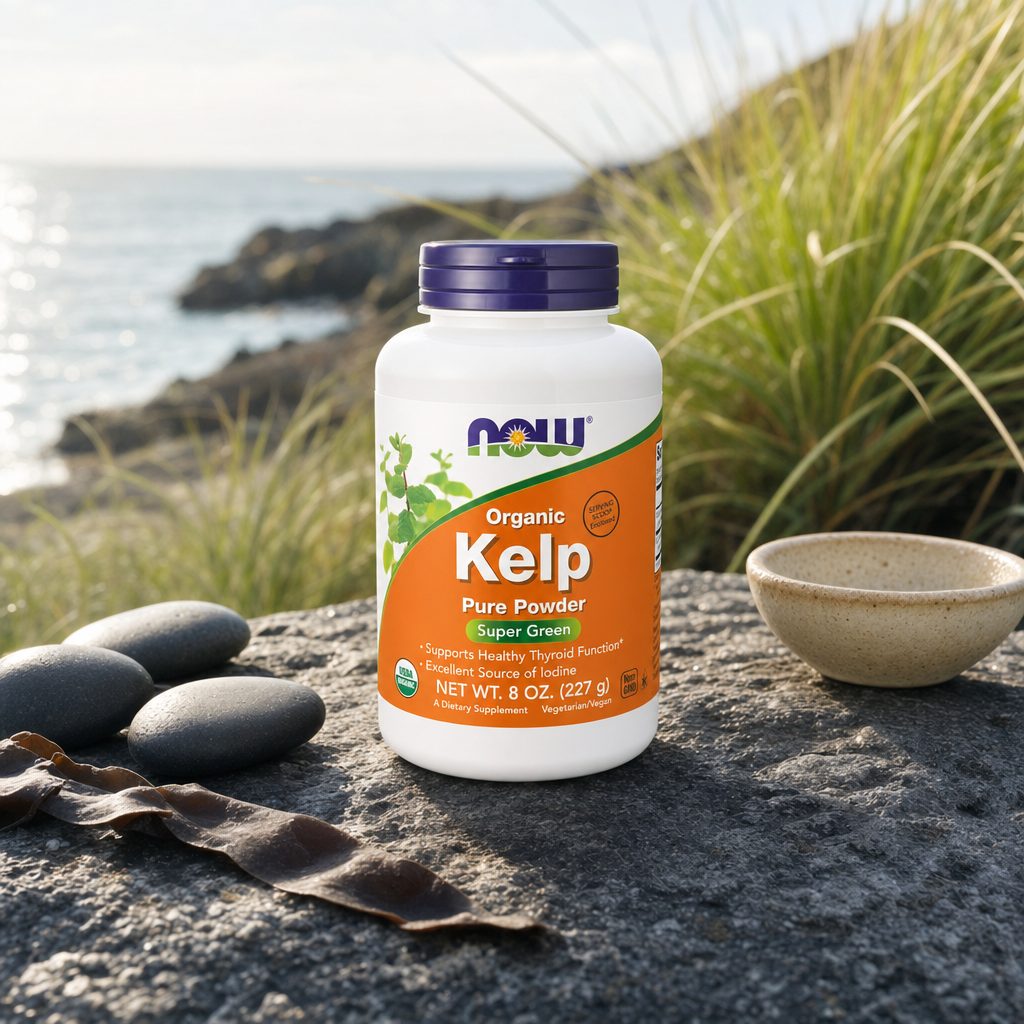 NOW Foods Organic Kelp Powder side label showing suggested use and product cautions
