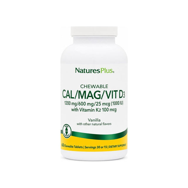 NaturesPlus Cal/Mag/D3/K2 Vanilla 60 tablets front bottle
