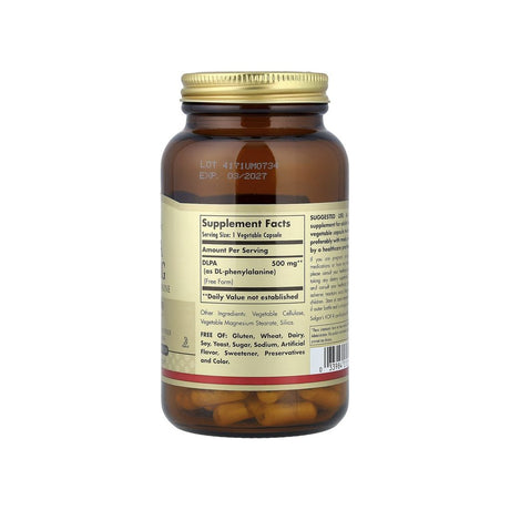 Solgar DLPA 500 mg supplement facts panel listing ingredients, dosage, and serving size