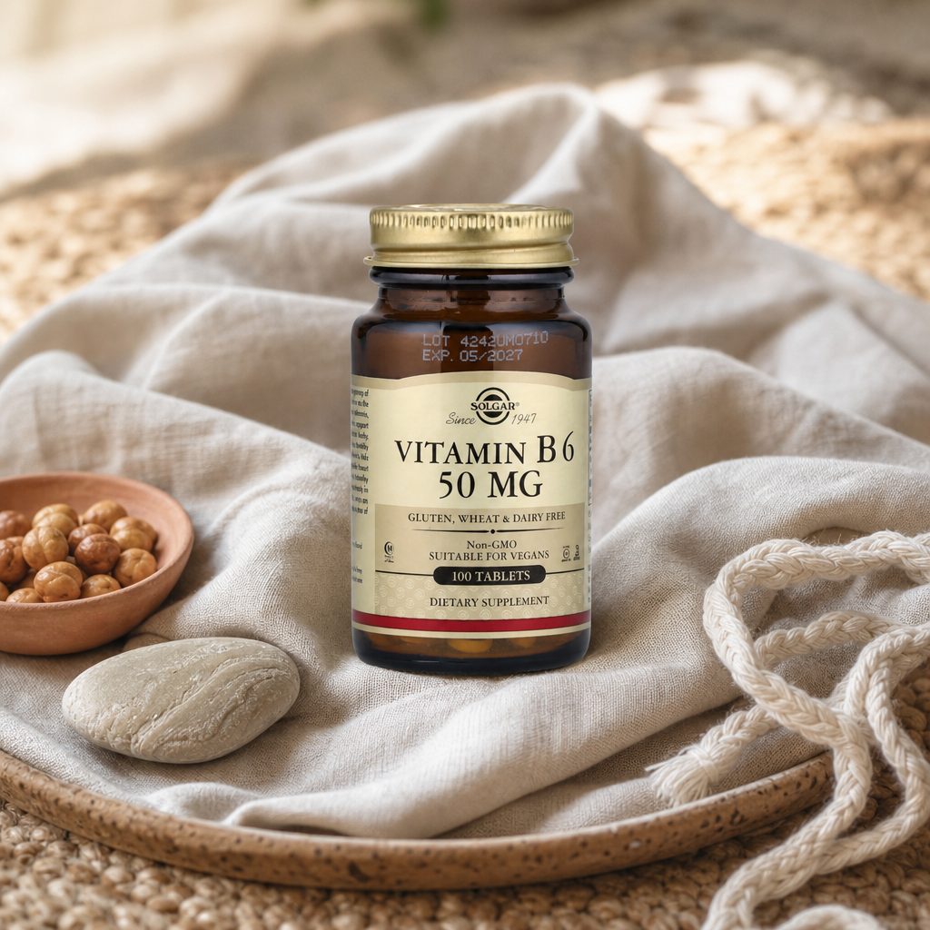 Solgar Vitamin B6 50 mg Tablets bottle on a kitchen counter beside a simple morning routine