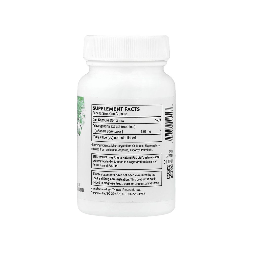 Thorne Ashwagandha supplement facts panel listing ingredients, dosage, and serving size