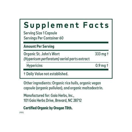 Gaia Herbs Professional St. John's Wort supplement facts panel listing ingredients and serving size