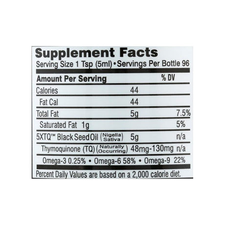 Amazing Herbs Black Seed Oil 16 oz supplement facts panel listing ingredients and serving size