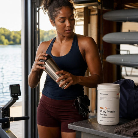 Woman preparing Momentous Whey Protein Isolate Chocolate in a shaker after exercise