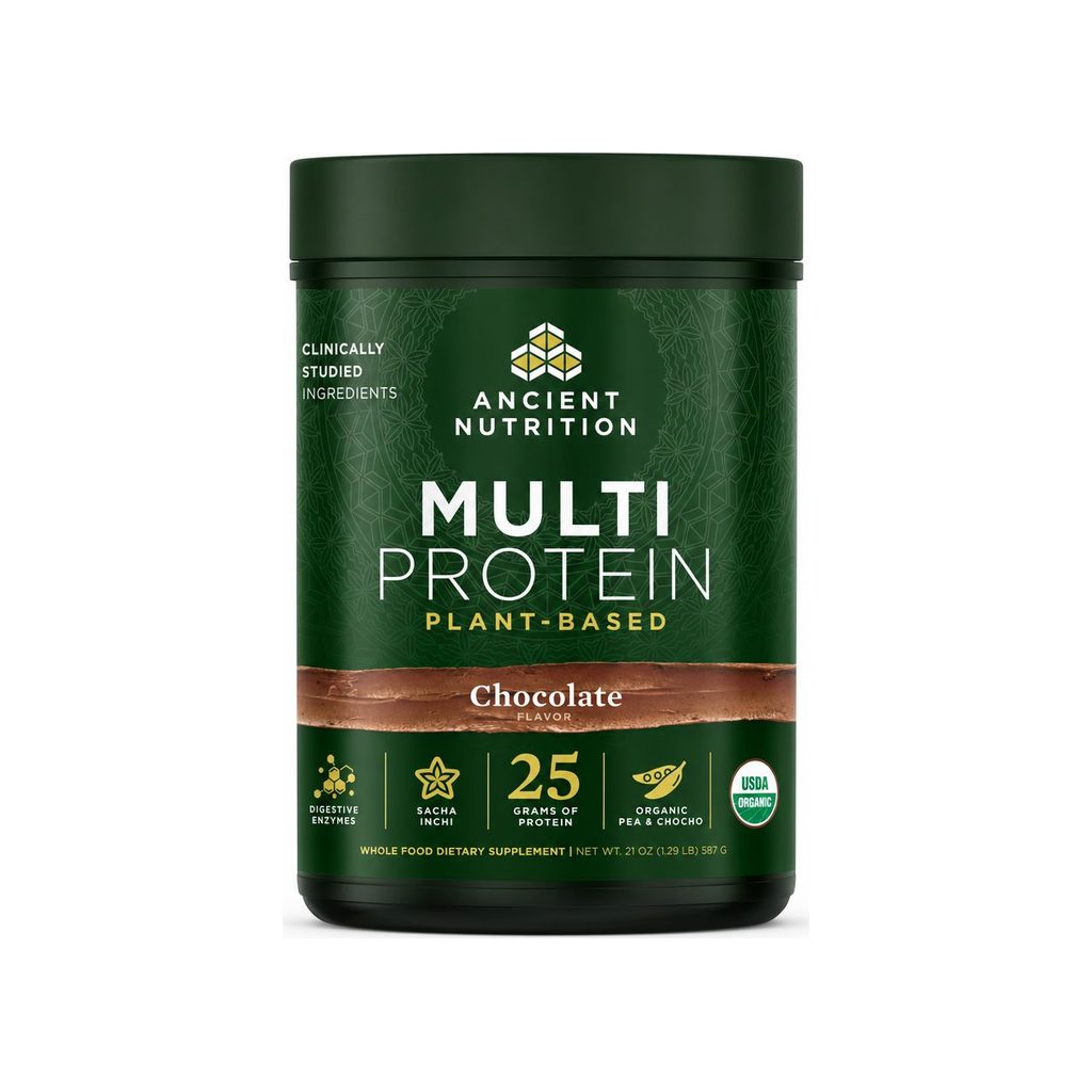 Ancient Nutrition Multi Protein Chocolate powder tub front label, 15 servings