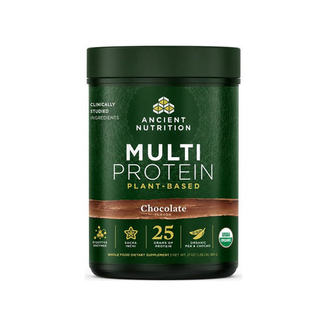 Ancient Nutrition Multi Protein Chocolate powder tub front label, 15 servings