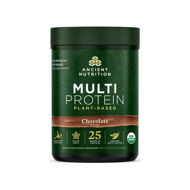 Ancient Nutrition Multi Protein Chocolate powder tub front label, 15 servings