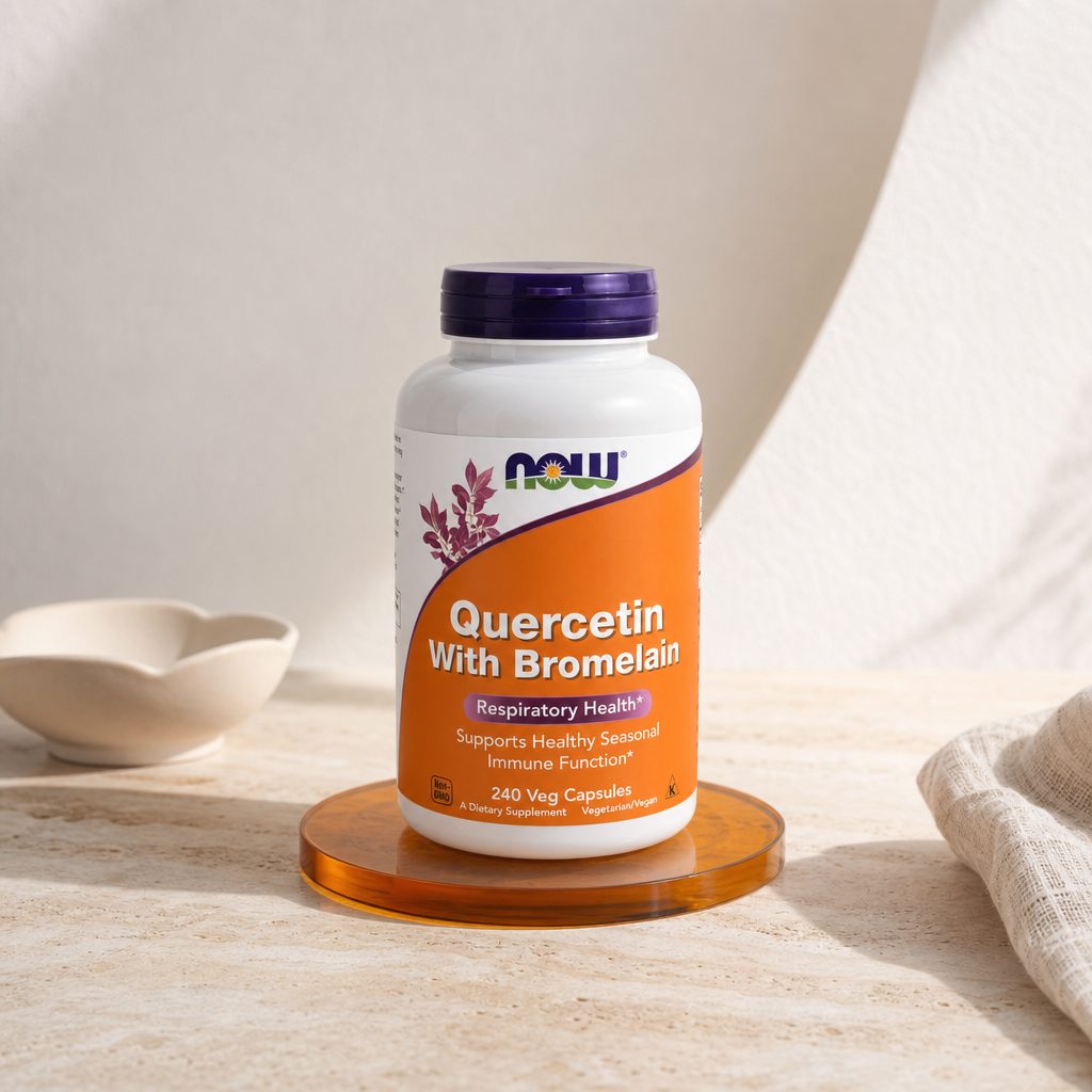 NOW Foods Quercetin With Bromelain bottle with capsule close-up on white background