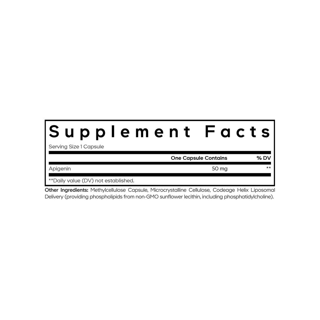 Codeage Liposomal Apigenin Capsules supplement facts panel listing ingredients, dosage, and serving size