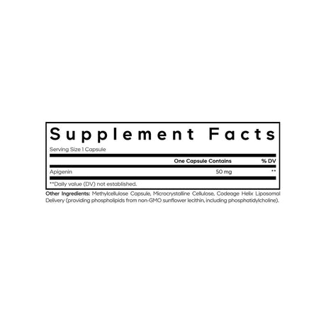 Codeage Liposomal Apigenin Capsules supplement facts panel listing ingredients, dosage, and serving size