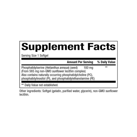 BioClinic Naturals Phosphatidylserine 100mg Softgels supplement facts panel with dosage and ingredients