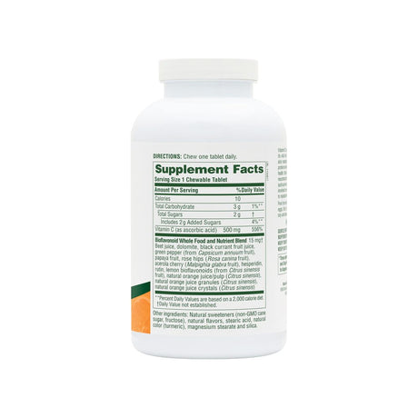 NaturesPlus Orange Juice Vitamin C 500 mg Chewables supplement facts panel with ingredients and serving size