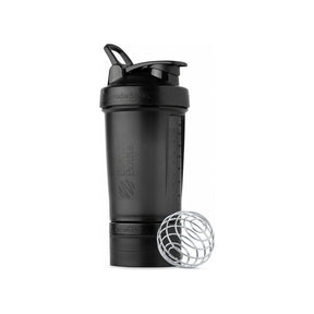 BlenderBottle ProStak 22oz Black shaker bottle angled front view with flip cap and storage base