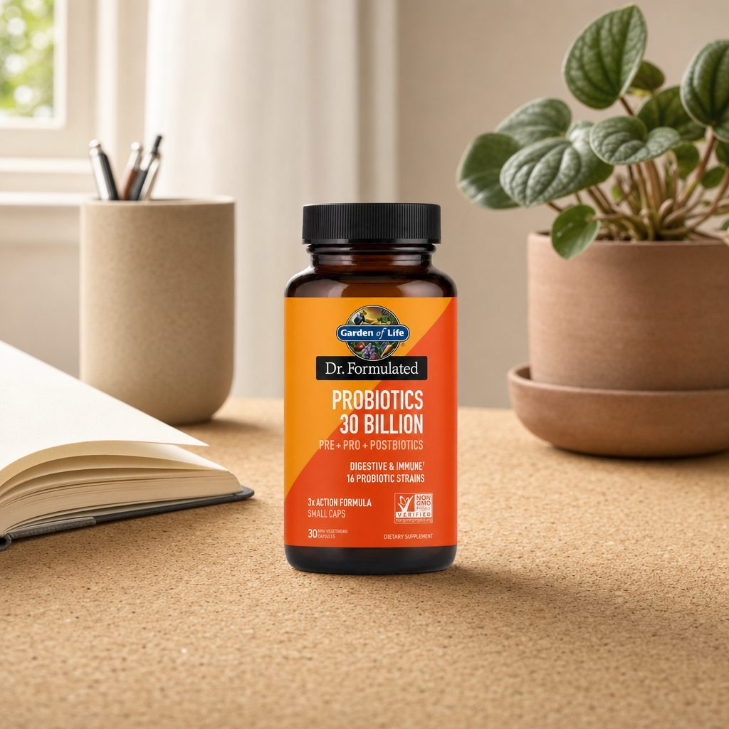 Garden of Life Dr. Formulated Probiotics 30 Billion bottle with pre pro postbiotic callouts