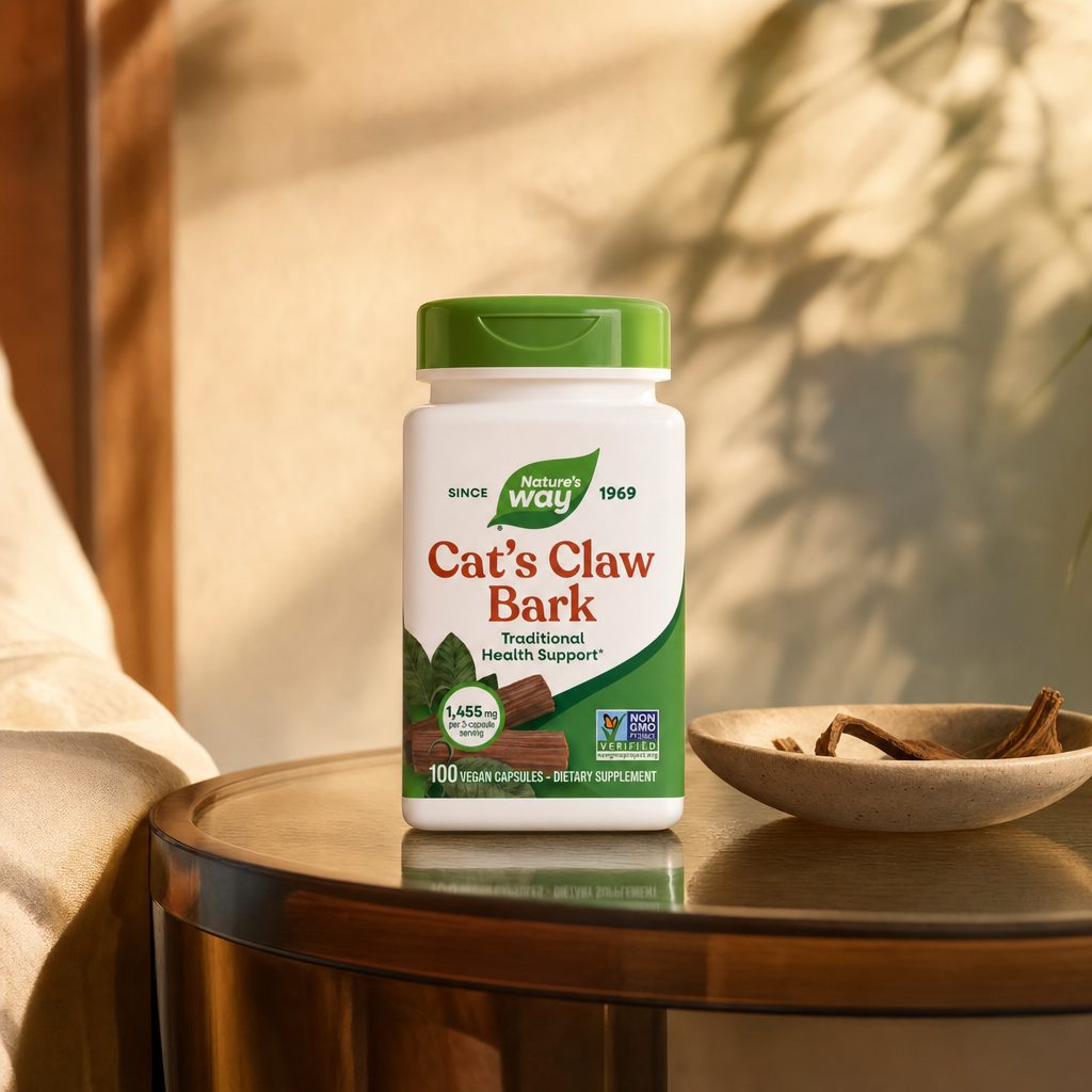 Nature's Way Cat's Claw Bark bottle side panel with vegan and gluten-free details