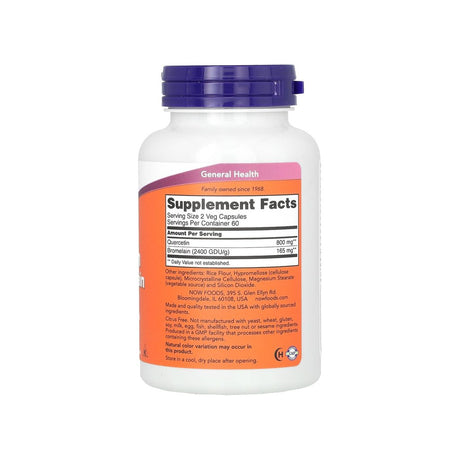 NOW Foods Quercetin With Bromelain supplement facts panel listing ingredients, dosage, and serving size