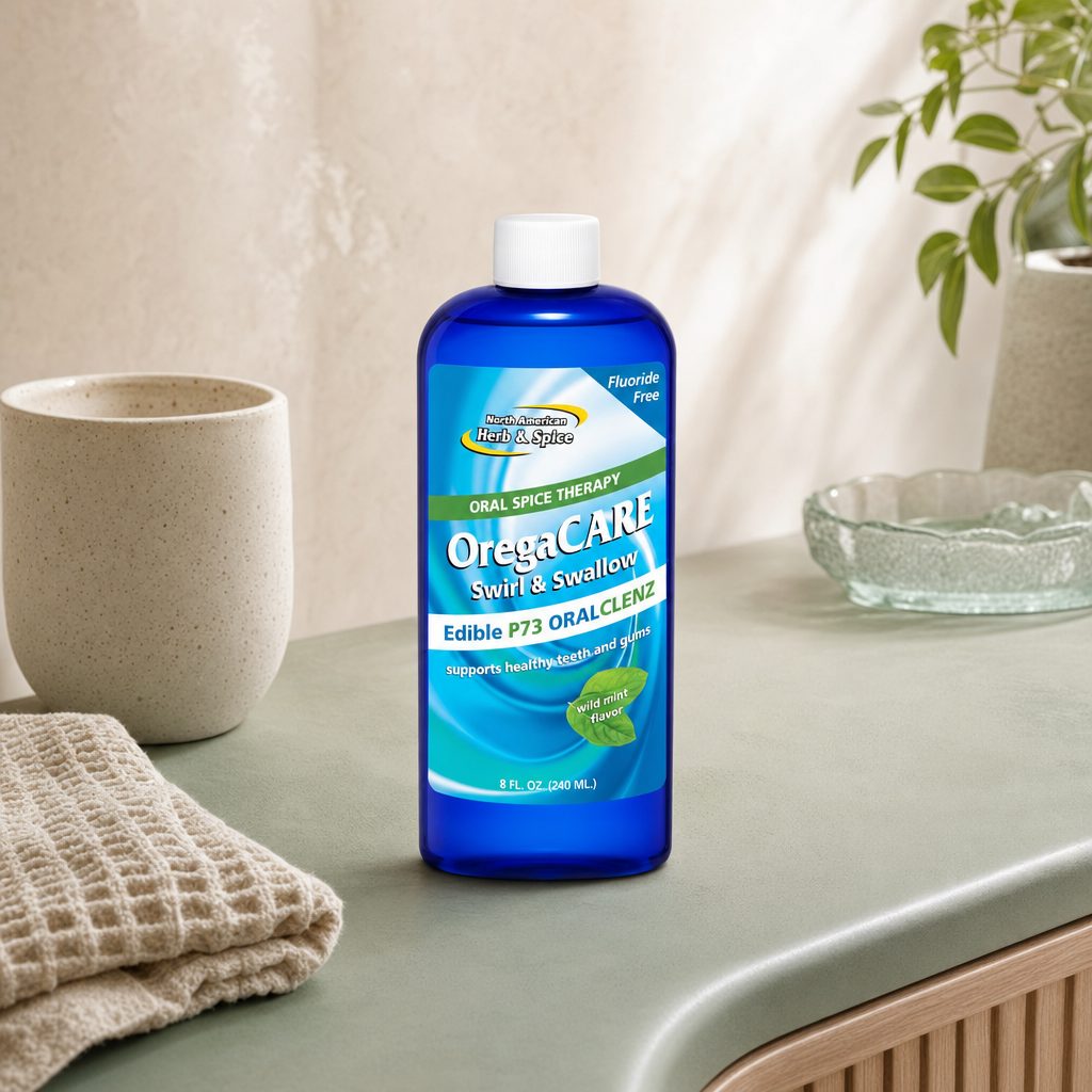 North American Herb & Spice OregaCARE Mint mouthwash back label with directions