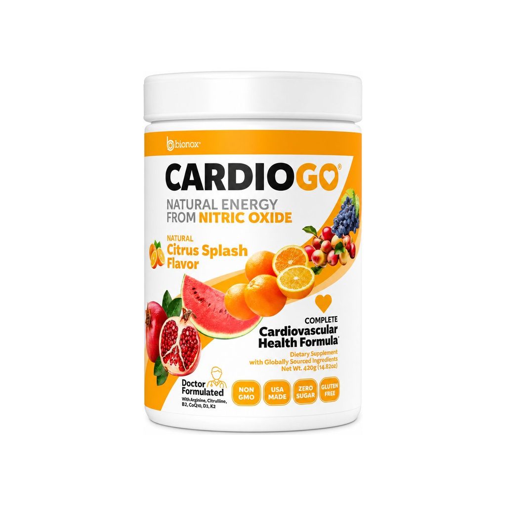 Bionox CardioGO Citrus Splash 30 servings front tub with orange citrus label