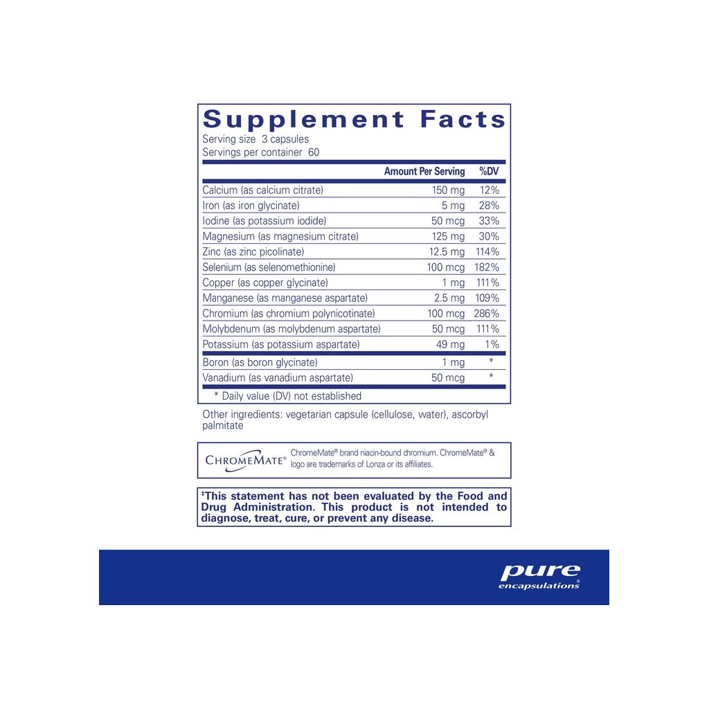 Pure Encapsulations Mineral 650 supplement facts panel listing ingredients, dosage, and serving size