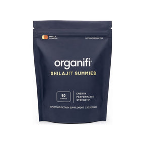 Organifi Shilajit Gummies 60 count pouch front with vanilla cinnamon flavor callout