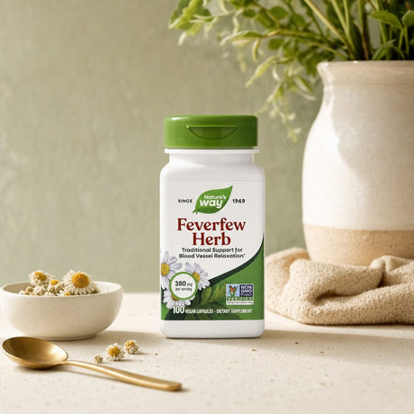 Nature's Way Feverfew Herb bottle showing side label details and capsule count