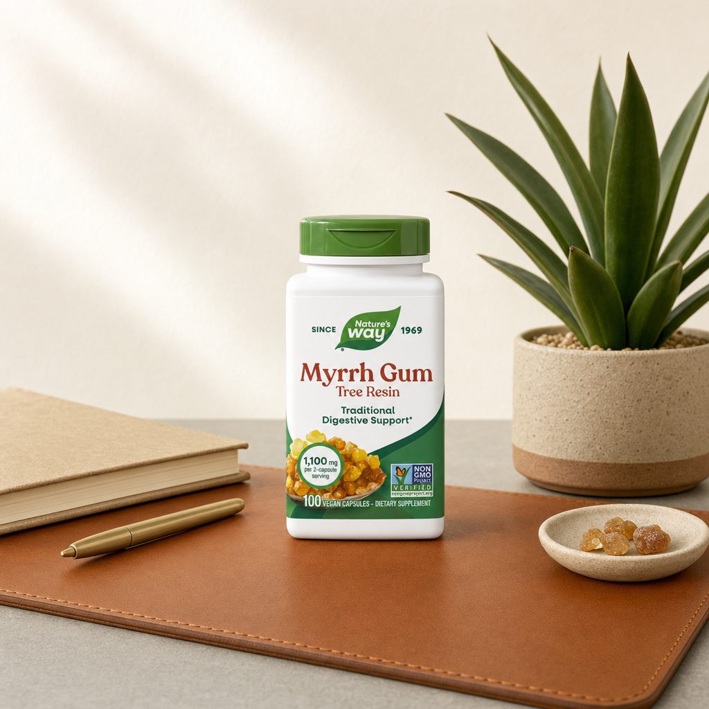 Nature's Way Myrrh Gum 100 capsules bottle with vegan and gluten-free label icons