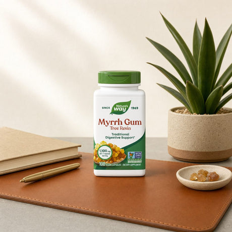 Nature's Way Myrrh Gum 100 capsules bottle with vegan and gluten-free label icons
