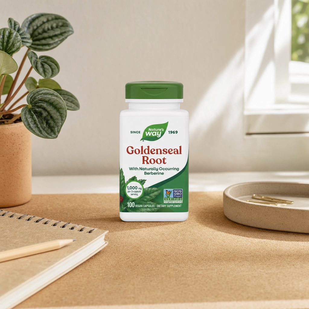 Nature's Way Goldenseal bottle with Non-GMO herbal supplement label details
