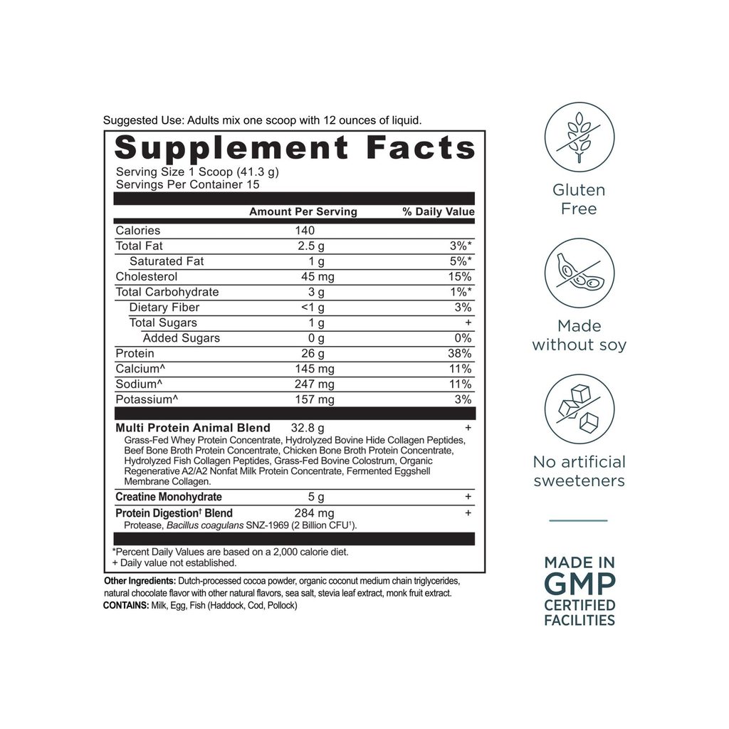 Ancient Nutrition Multi Protein + Creatine supplement facts panel listing dosage, ingredients, and serving size