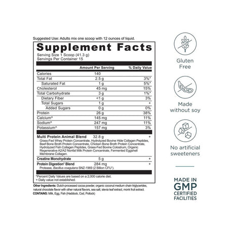 Ancient Nutrition Multi Protein + Creatine supplement facts panel listing dosage, ingredients, and serving size