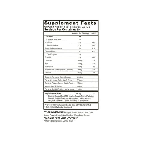 Organifi Gold supplement facts panel listing ingredients, serving size, and dosage
