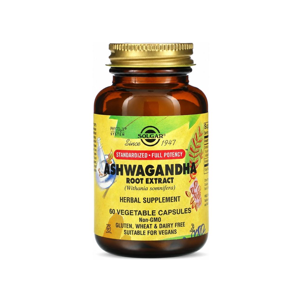 Solgar Ashwagandha Root Extract Vegetable Capsules 60-count bottle front label