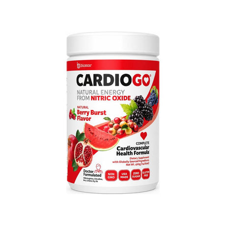 Bionox CardioGO Berry Burst 30 servings front tub with zero sugar cardiovascular support callouts