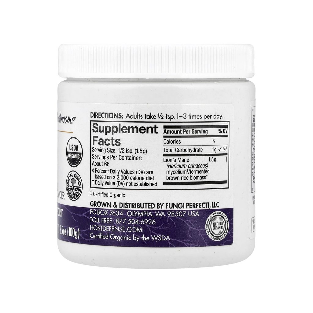 Host Defense Lion's Mane Mushroom Powder supplement facts panel with ingredients and serving size