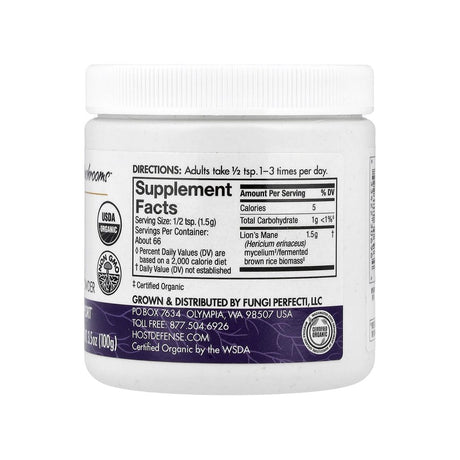 Host Defense Lion's Mane Mushroom Powder supplement facts panel with ingredients and serving size