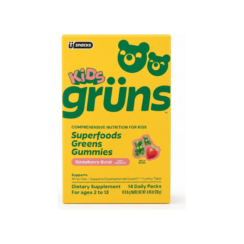 Grüns Kids Superfood Greens Gummies 14-pack pouch with strawberry gummy bears pictured on the front