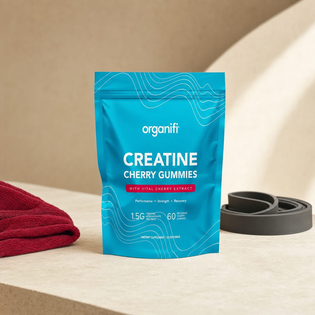 Organifi Creatine Chews Cherry pouch with red gummy chews on a light background