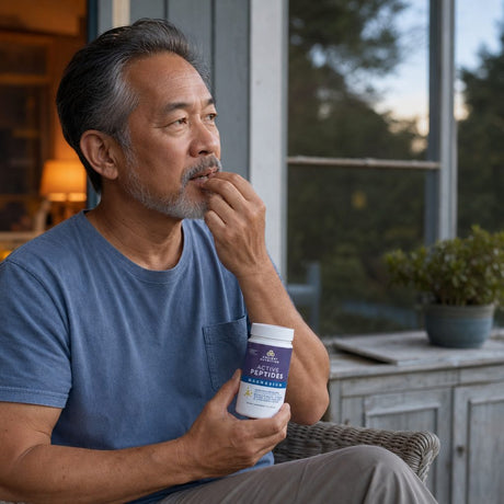 Ancient Nutrition Active Peptides Magnesium Complex bottle and capsules in a restful bedroom setting