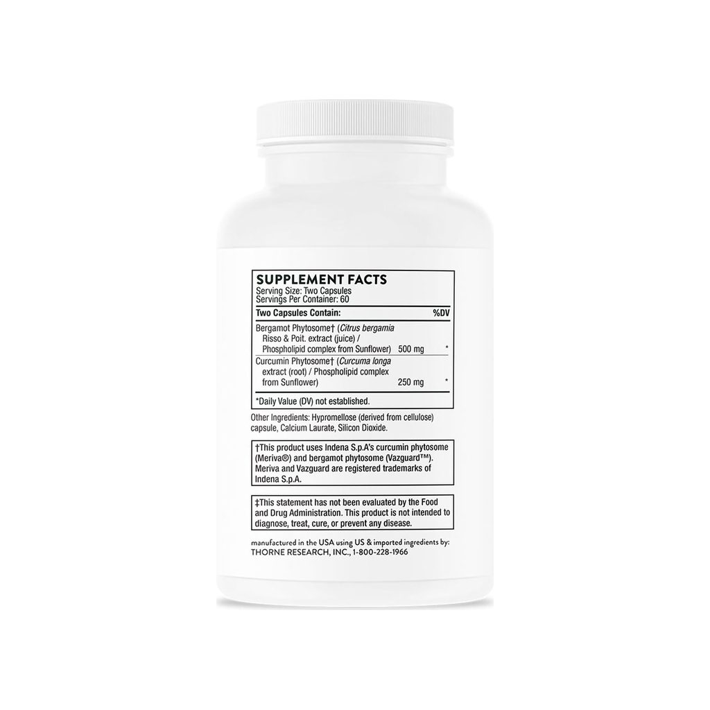 Thorne Research Metabolic Health supplement facts panel listing ingredients, dosage, and serving size