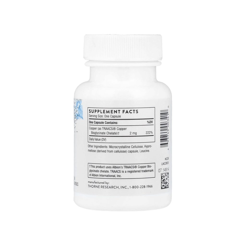 Thorne Research Copper supplement facts panel listing ingredients, dosage, and serving size