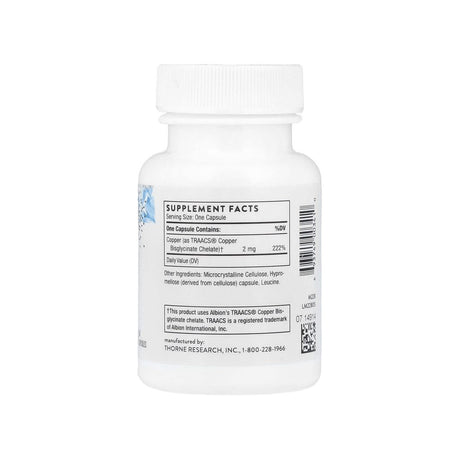 Thorne Research Copper supplement facts panel listing ingredients, dosage, and serving size