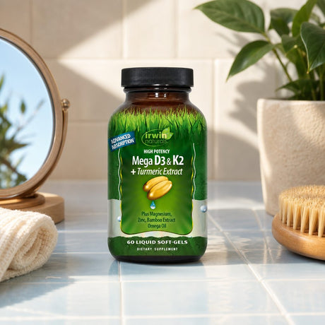 Irwin Naturals High Potency Mega D3 & K2 + Turmeric Extract bottle beside breakfast and a glass of water