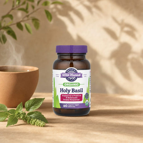 Oregon's Wild Harvest Holy Basil 60 capsules right-side bottle label with product details