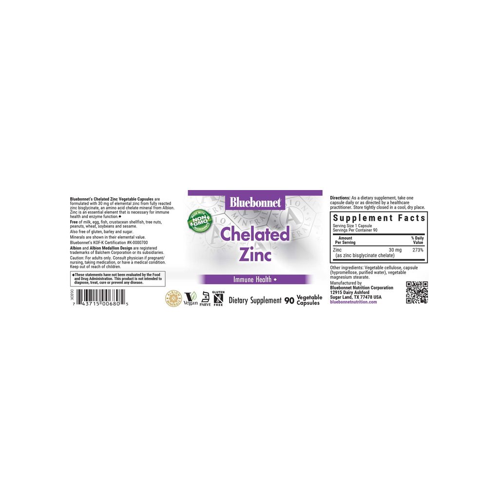 Bluebonnet Chelated Zinc 30mg supplement facts panel listing ingredients, dosage, and serving size