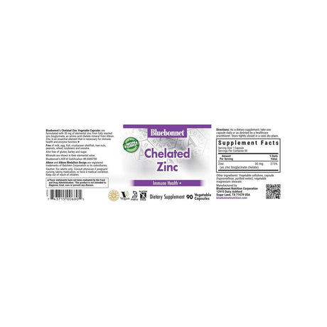 Bluebonnet Chelated Zinc 30mg supplement facts panel listing ingredients, dosage, and serving size