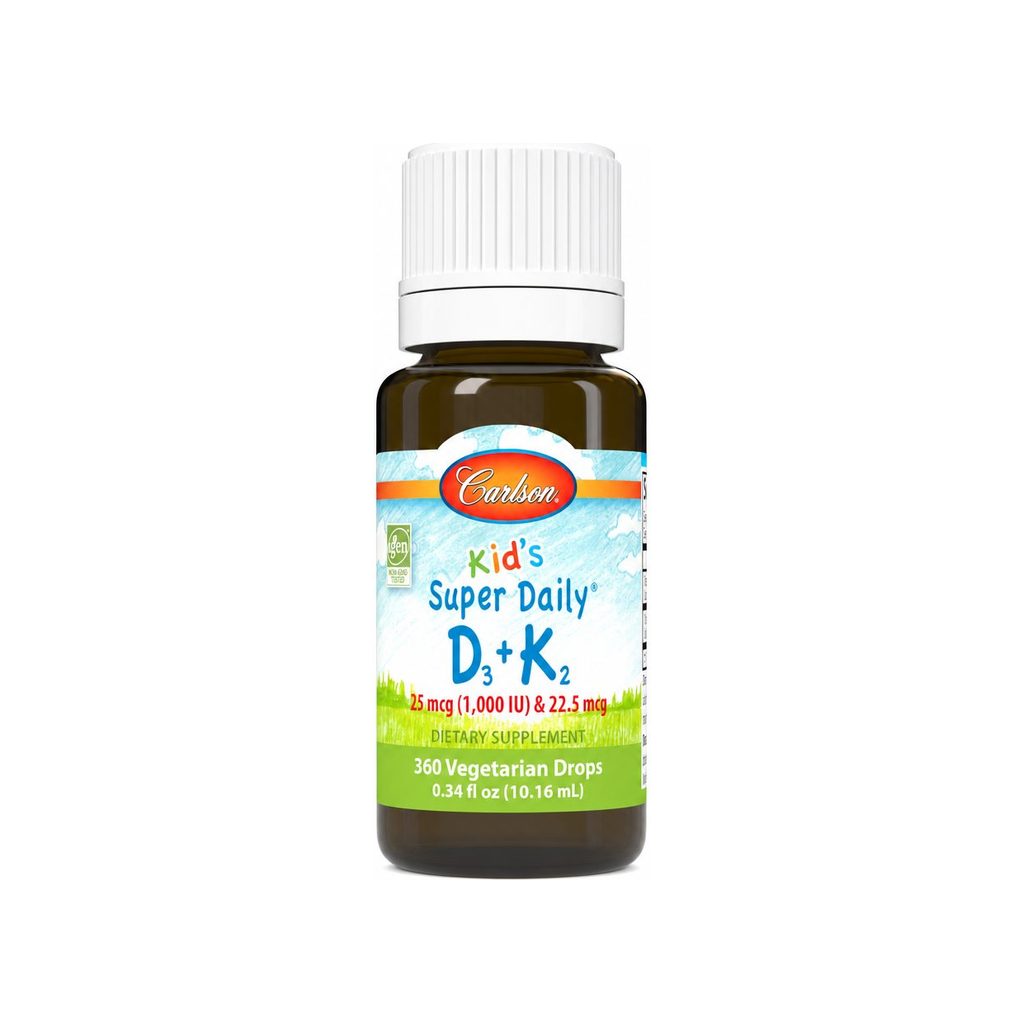 Carlson Kid's Super Daily D3 + K2 drops bottle, 0.34 fl oz with 360 vegetarian drops