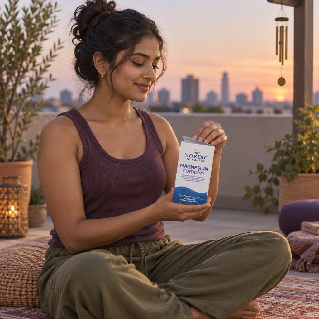 Nordic Naturals Magnesium Complex box held by a woman sitting cross-legged on a rooftop at sunset